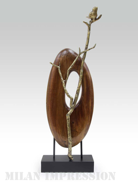 现代中式风铜色木质禅意玄关小鸟