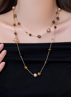 美拉德复古虎眼石珍珠串珠项链