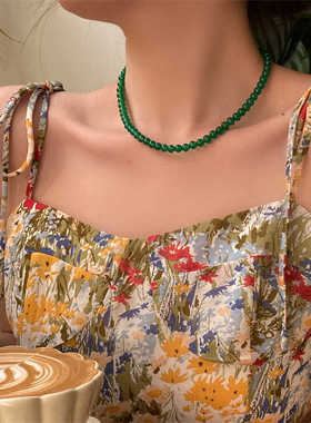 显白绿色玉髓串珠碧玉色新中式项链元宝扣锁骨链小众设计颈链女