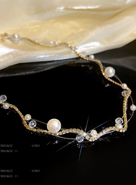 高级感多层珍珠水晶颈链闪钻锁骨链女2022年新款精致设计项链配饰