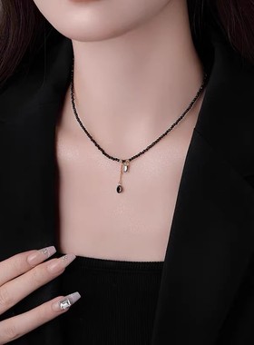 复古黑色水晶项链女高级感