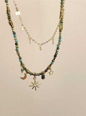 叠戴串珠复古项链女波西米亚太阳花小众锁骨链轻奢2024年新款颈链