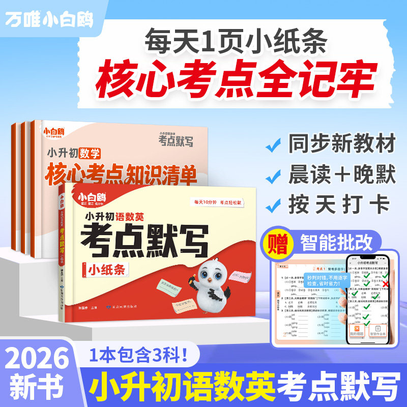 抖音爆款】小白鸥万唯考点默写小升初语数英小纸条26新书学霸英语语法单词默写本语文数学英语期中期末总复习必考知识点万维教育