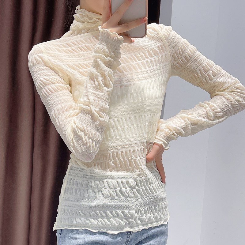 褶皱木耳网纱上衣堆堆高领蕾丝打底衫女秋冬长袖洋气毛衣内搭纱衣,淘宝优惠券,粉丝福利购,淘宝优惠卷