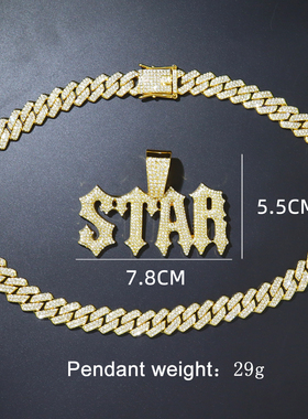 勾芡镶钻拼接毛刺字母吊坠锁骨链rap古巴链潮嘻哈个性Hiphop项链