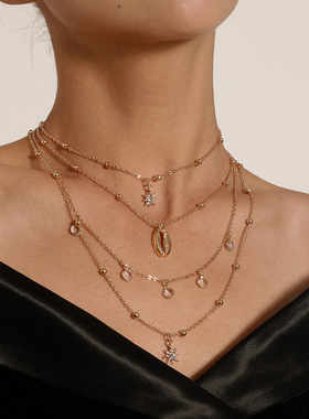 满钻六芒星吊坠项链多层嘻哈复古水钻贝壳项饰女士