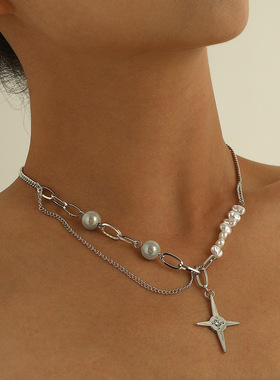 不对称异形珍珠项链女禁欲系夜店冷淡潮款项饰四角星星