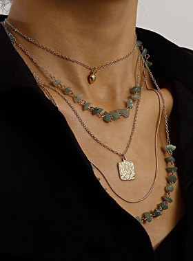 复古叠戴多层小孔链绿松石方片迷你爱心吊坠项链女超美