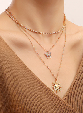 双层微镶钻蝴蝶太阳吊坠项链女 ins金属风项饰