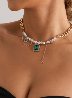 民族风绿宝石仿珍珠拼接锁骨链颈链个性复古项链欧洲贵族风