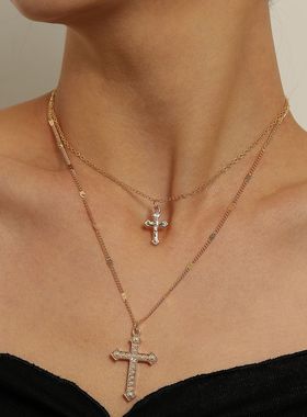 大小双层珍珠十字架吊坠项链女士简约气质潮流项饰双十字清冷