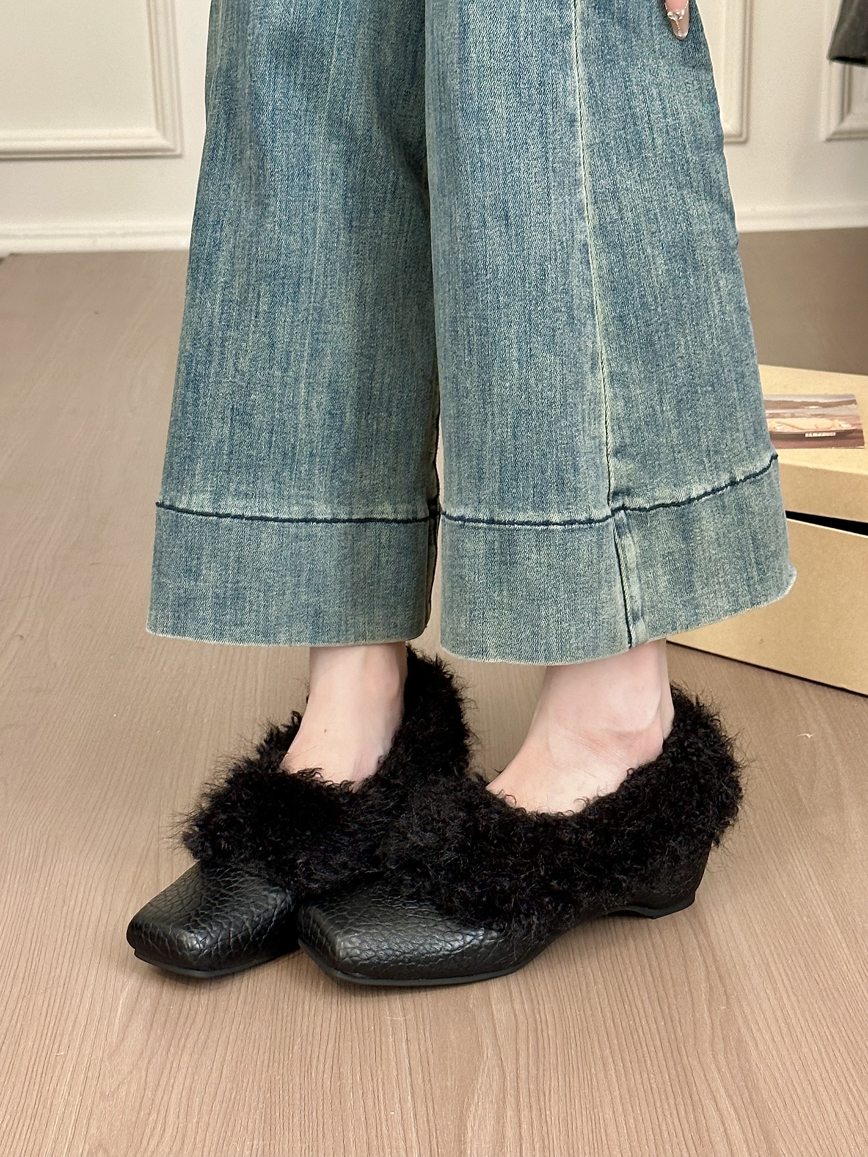 titing中古可露丽！气质纹理方头卷毛单鞋女冬韩版加绒内增高单鞋,淘宝优惠券,粉丝福利购,淘宝优惠卷