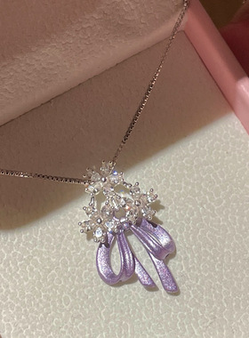 甜美锆石紫色花朵滴油蝴蝶项链高