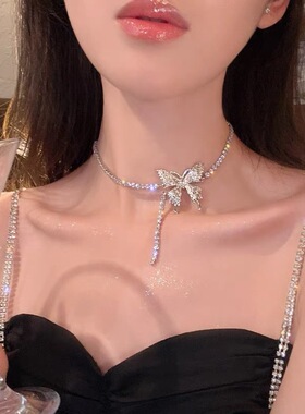 欧美高级镶钻蝴蝶结珍珠项链小众