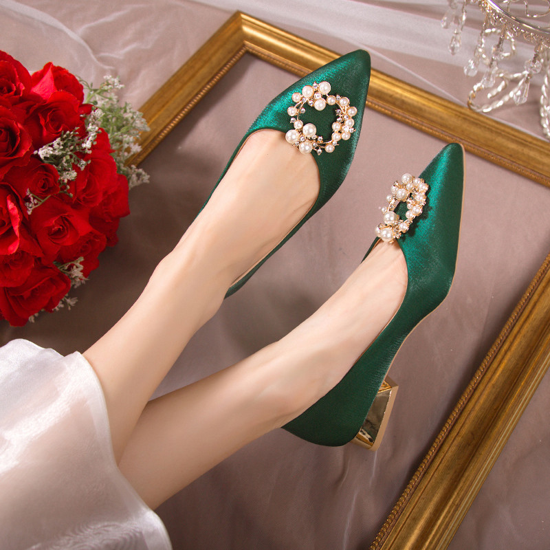 绸缎单鞋绿色婚鞋结婚新娘鞋礼服鞋秀禾鞋珍珠尖头低跟粗跟高跟鞋,淘宝优惠券,粉丝福利购,淘宝优惠卷