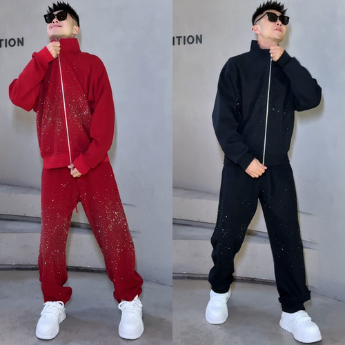 春季爆款时尚烫钻满天星运动套装潮流个性痞帅男士外套长裤两件套 - 图3