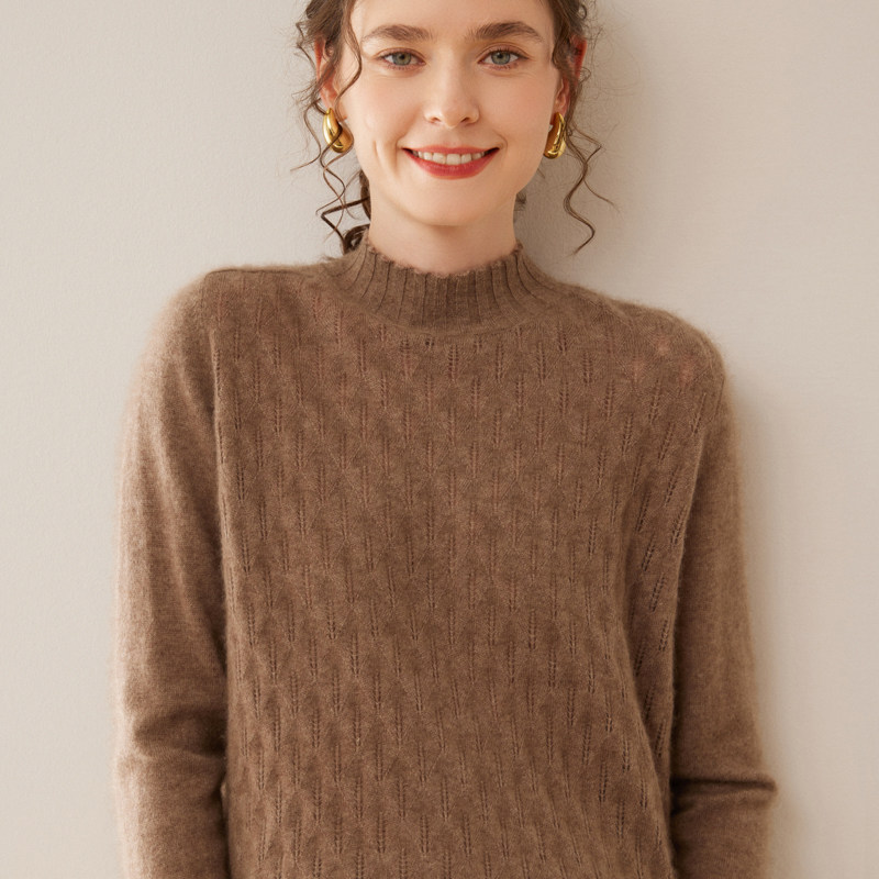 戎美衣尚羊绒衫女花领镂空半高领针织打底衫正肩温柔风高品质毛衣,淘宝优惠券,粉丝福利购,淘宝优惠卷