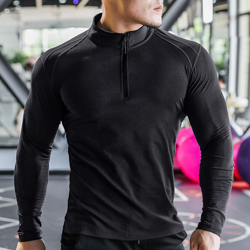 撸铁狼健身服长袖男秋冬德绒紧身立领POLO衫训练跑步保暖运动上衣 - 图1