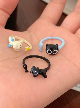 多巴胺仓库」黑猫与鱼.卡通滴油可爱黑色猫咪小鱼开口学生戒指女