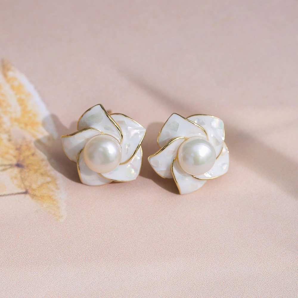 Dopamine Vault」栀颂.山茶花淡水珍珠碎贝高级感气质花朵耳钉女 - 图2
