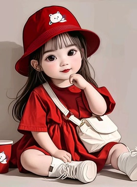 可爱女童红色卫衣防水自粘墙贴
