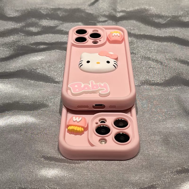 日韩立体HelloKitty猫适用iphone15pro苹果13手机壳11亲肤感14pro少女粉15promax全包镜头14promax软15手机套