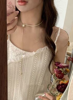 经典轻奢珍珠抽拉蛇骨链轻奢小众高级感长项链简约百搭气质颈链女