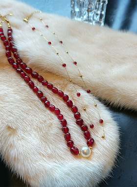 新中式石榴红施家珍珠项链显白串珠锁骨链优化红玉髓气质网红颈链
