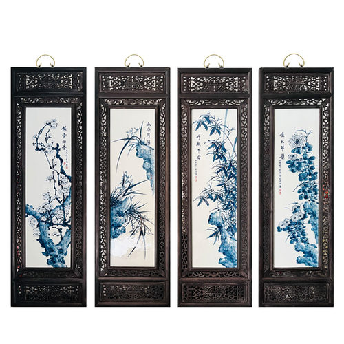 景德镇陶瓷手绘青花梅兰竹菊四条屏挂画中式仿古客厅装饰画实木框 - 图2