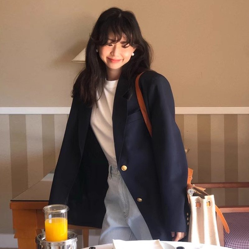 韩国chic秋季小众高级感西装领别致单排扣宽松百搭休闲西服外套女,淘宝优惠券,粉丝福利购,淘宝优惠卷