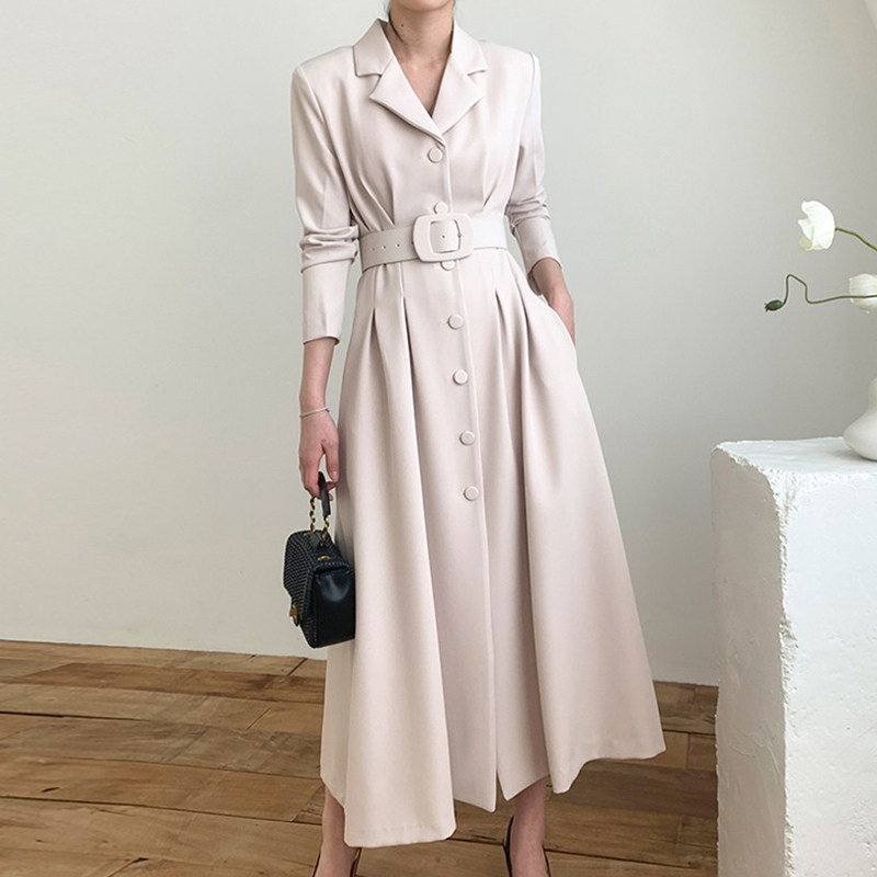 韩国chic秋季法式气质西装领单排扣收腰显瘦长袖纯色连衣裙长裙女,淘宝优惠券,粉丝福利购,淘宝优惠卷