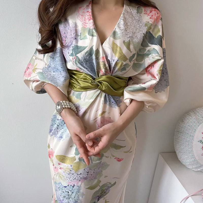 韩国chic夏季法式优雅V领花色印花扭结收腰显瘦长款茶歇连衣裙女