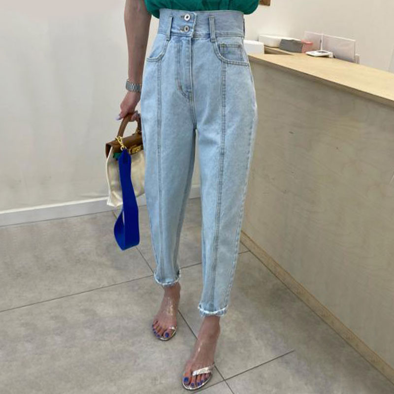 韩国chic夏季甜美樱花粉高腰两粒扣口袋明线设计水洗牛仔裤长裤女