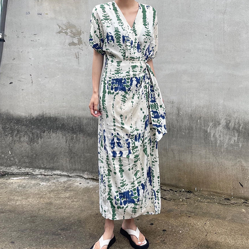 韩国chic夏季法式复古V领花色印花一片式系带收腰显瘦短袖连衣裙,淘宝优惠券,粉丝福利购,淘宝优惠卷