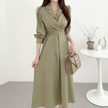 Korean chic ຕົ້ນພາກຮຽນ spring ຝຣັ່ງ elegant lapel cross tie waist puff sleeve shirt dress ຍາວ skirt ສໍາລັບແມ່ຍິງ