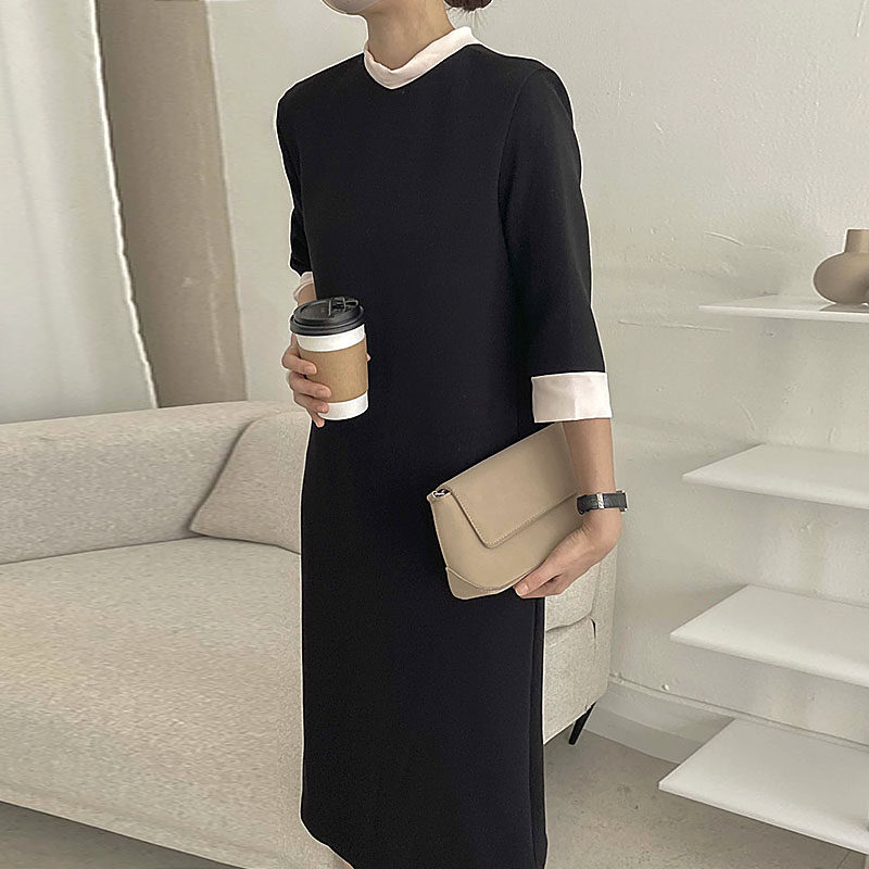 韩国chic早春简约撞色拼接立领背后系带蝴蝶结七分袖长款连衣裙女 - 图2