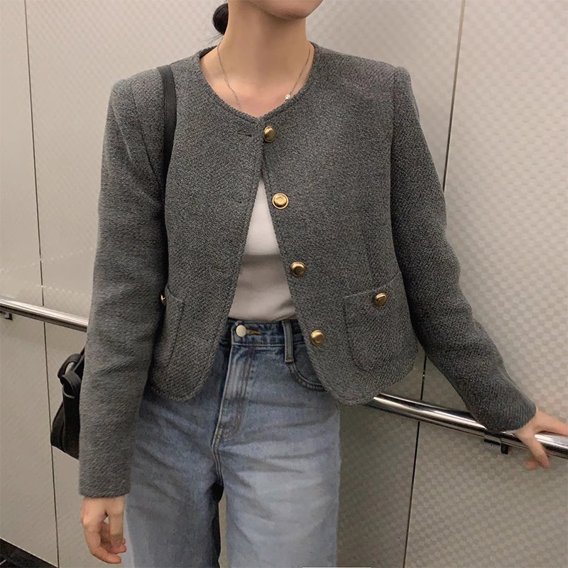 韩国chic秋季法式高级感金属单排扣宽松通勤百搭长袖毛呢短外套女,淘宝优惠券,粉丝福利购,淘宝优惠卷