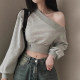 Off-the-shoulder, waist-slimming, versatile short-sleeved sweatshirt