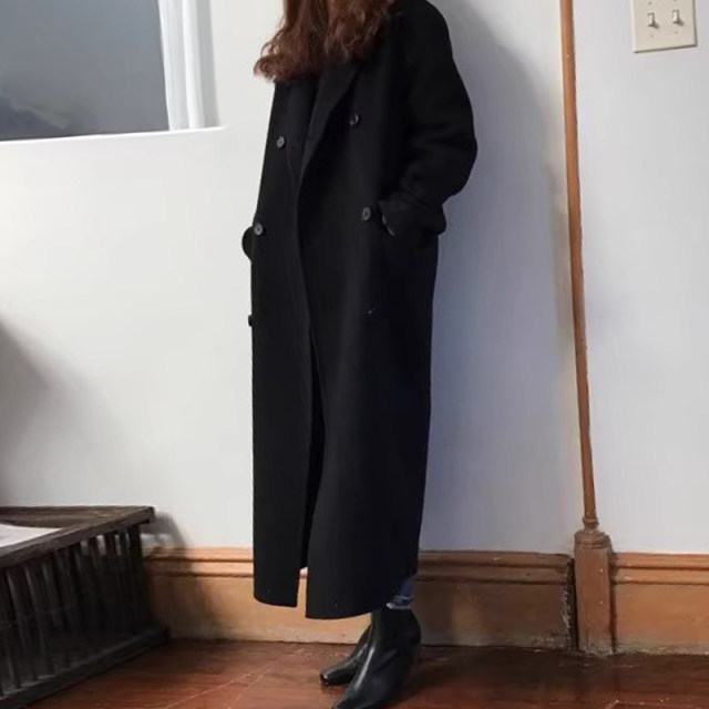 Double-breasted loose casual long woolen coat