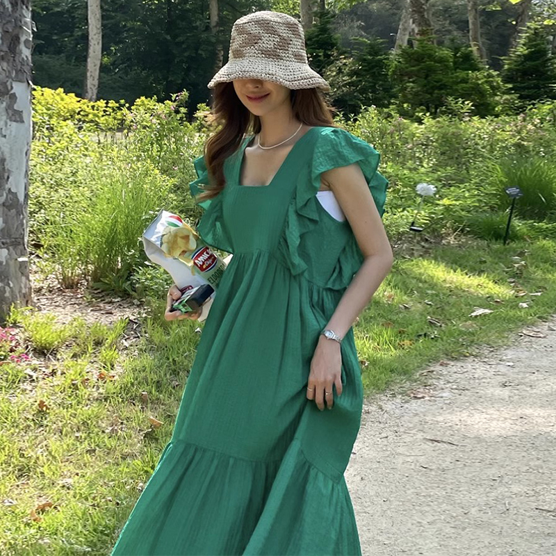 复古小众黑色连衣裙女装夏季新款轻熟风宽松休闲飞飞袖纯色长裙子 - 图0