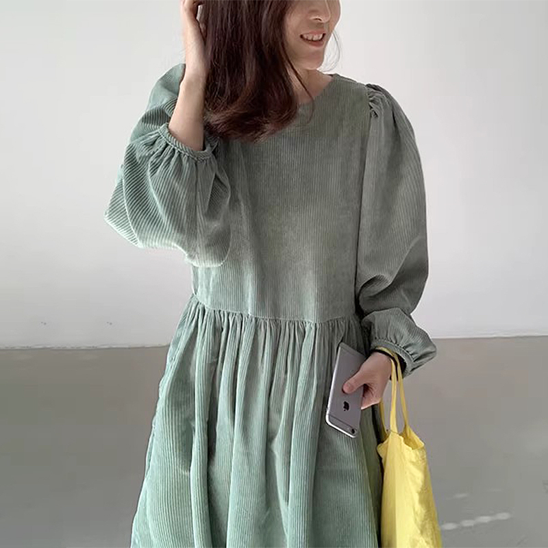 韩国chic早秋设计感小众圆领泡泡袖条纹纹理感休闲宽松长袖连衣裙 - 图0