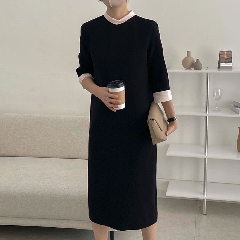 韩国chic早春简约撞色拼接立领背后系带蝴蝶结七分袖长款连衣裙女 - 图1