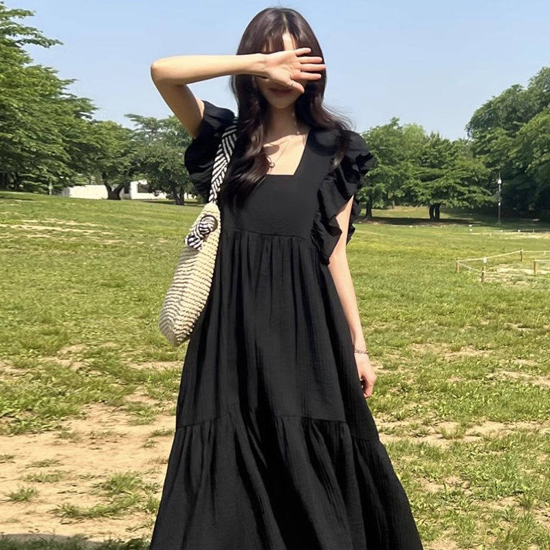 复古小众黑色连衣裙女装夏季新款轻熟风宽松休闲飞飞袖纯色长裙子 - 图3