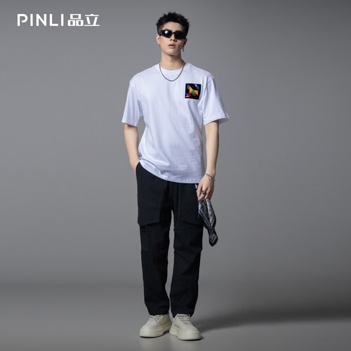 PINLI品立夏季新款男士贴布绣花落肩圆领短袖T恤BG252111046 - 图0