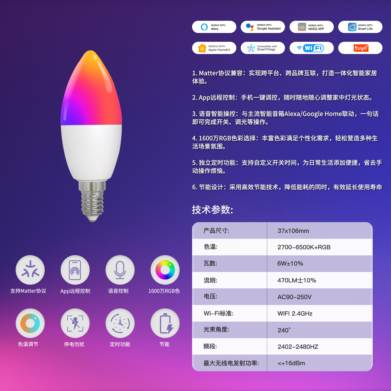 苹果homekit手机Matter智能WiFi蜡烛灯泡6W涂鸦app远程控制E14-图0