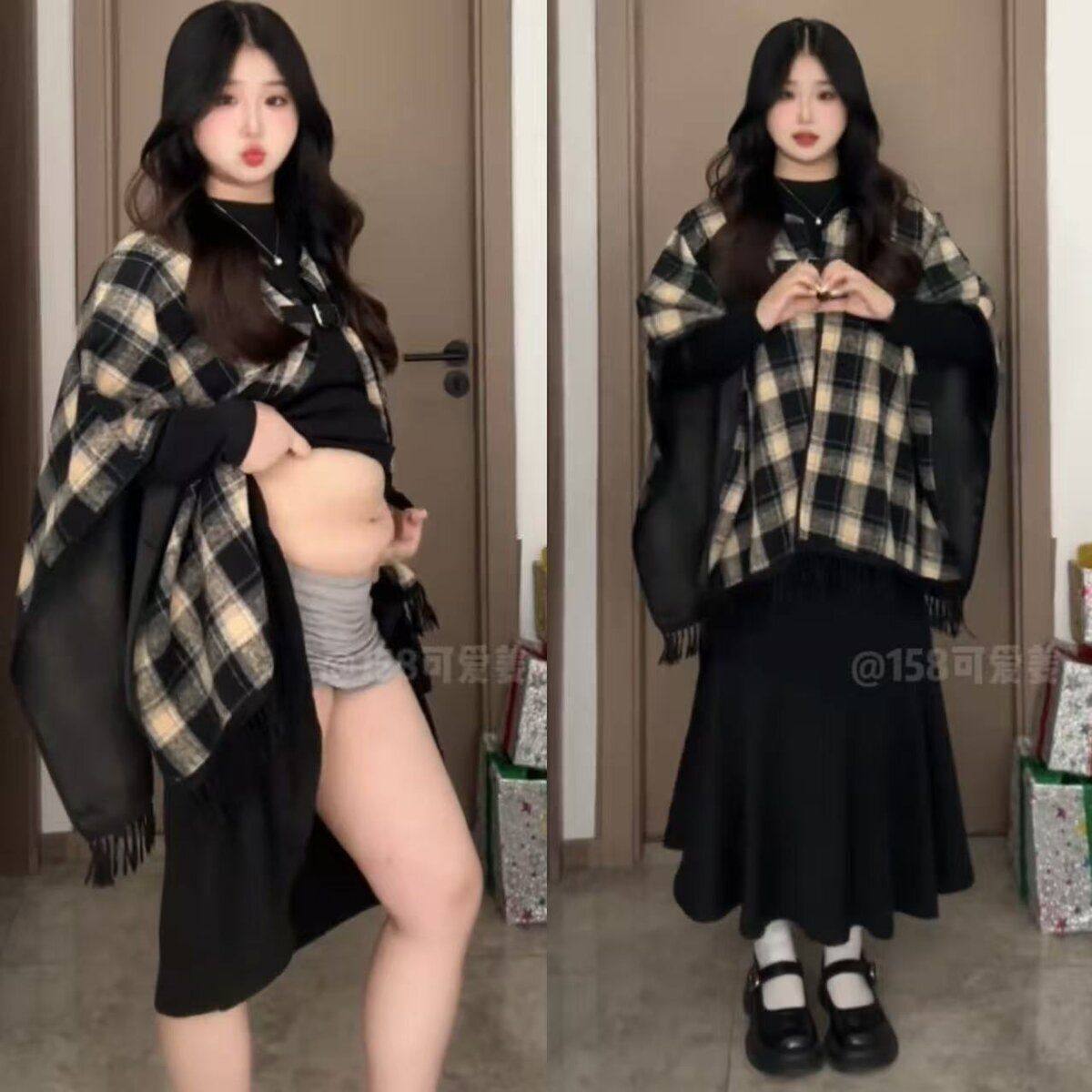 大码胖MM秋装搭配一整套女韩版复古格子针织披肩斗篷连衣裙两件套,淘宝优惠券,粉丝福利购,淘宝优惠卷