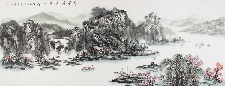 源远流长国画山水手绘六尺横幅水墨字画真迹作品办公室未装裱包邮