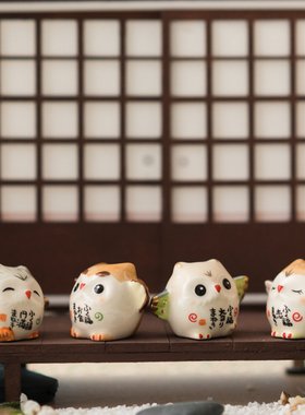日本药师窑猫头鹰迷你陶瓷小摆件日式礼物生日车载桌面宠物装饰