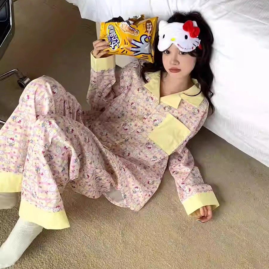 『长袖黄粉格子』云朵棉春秋2025新款ins卡通睡衣女冬家居服套装,淘宝优惠券,粉丝福利购,淘宝优惠卷