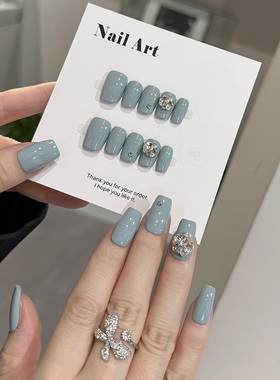 NailArt雾霾蓝穿戴甲高级显白短方圆中方ins纯欲风氛围感学生美甲